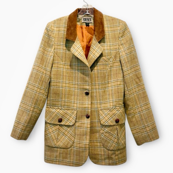 Forenza Jackets & Blazers - Forenza Vintage 80s Tweed Plaid Wool Leather Collar Hip Pockets Blazer Sz 4